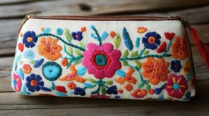 A bohemian-style makeup pouch with intricate embroidery resting on a natural linen cloth