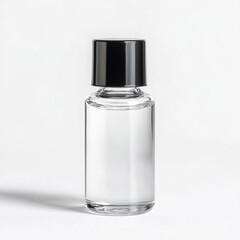Clear glass bottle with black cap, ideal for commercial product graphy