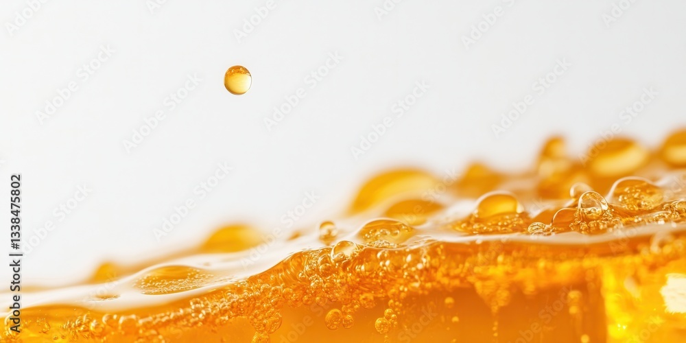 Poster sparkling refreshment: capturing the dynamic moment a drop of golden liquid cascades into a bubbly s