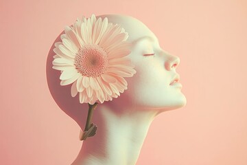 Elegant mannequin profile with a pink flower, representing beauty and tranquility in a soft pastel background emphasizing a serene mood and floral aesthetics