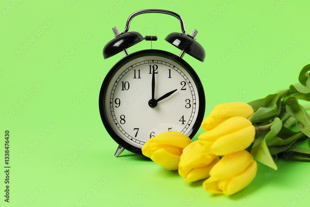 Poster spring time. alarm clock and beautiful tulips on green background