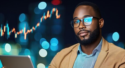 A focused individual with glasses holds a tablet, surrounded by a vibrant, blurred background, suggesting a blend of technology and modern lifestyle.