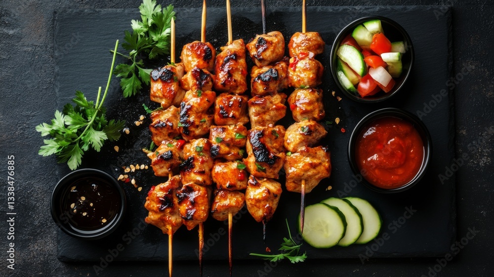 Poster a top-down view of yakitori skewers served on a black slate plate, accompanied by colorful dipping s