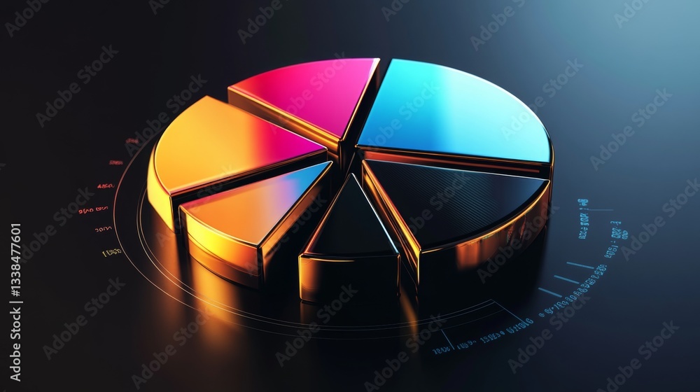Poster a vibrant d pie chart showcasing financial data, with glossy slices in various colors, set against a