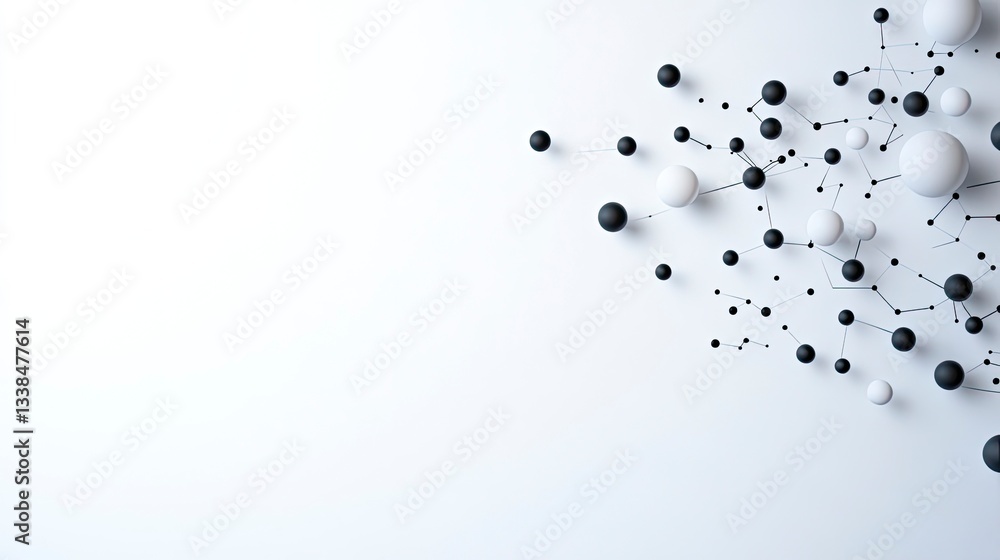 Poster abstract network connection of black and white spheres on white background with copy space.
