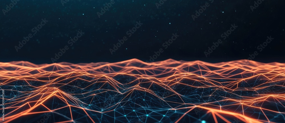 Poster a vibrant digital landscape with interconnected lines and nodes, creating a sense of depth and movem
