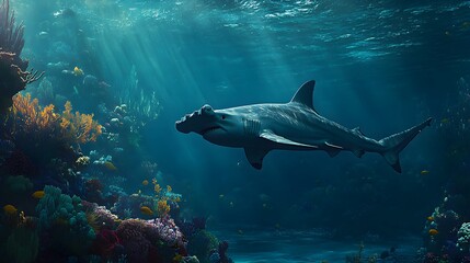 Fototapeta premium Hammerhead Shark Swimming Through Vibrant Coral Reef