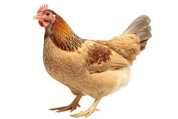 Brown hen standing on a white background, showcasing feathers