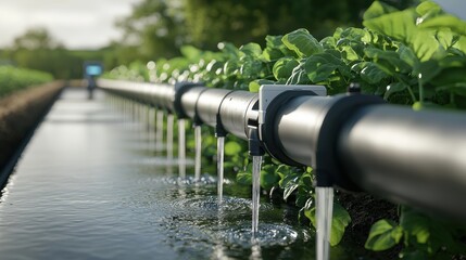 Close-up of an innovative autonomous irrigation system for modern agriculture efficiency