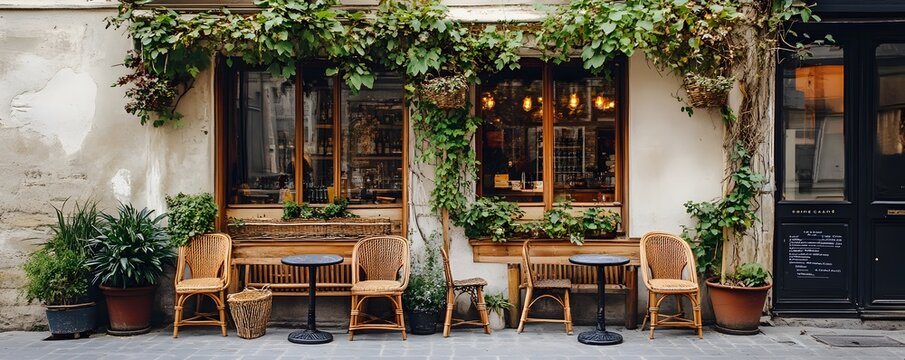 Charming parisian cafe with outdoor seating surrounded by lush greenery