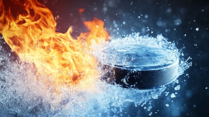 Ice hockey puck in dramatic explosion of fire and water elements symbolizing power, speed, and intensity in competitive sports background concept




