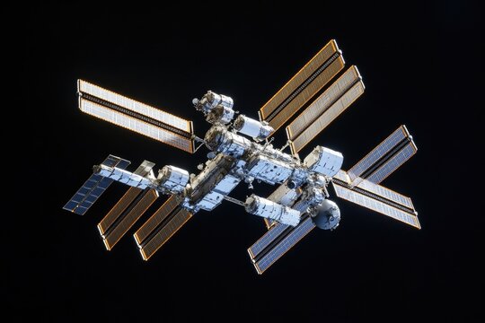 The International Space Station is shown in orbit above a Space Shuttle