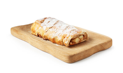 Delicious strudel with apples and powdered sugar isolated on white