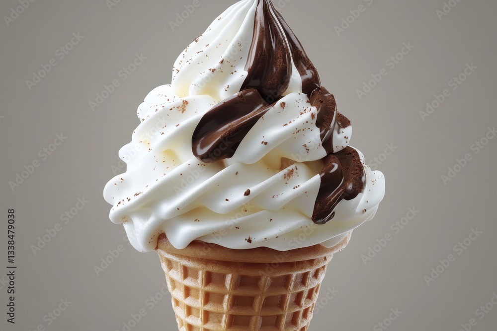 Aufkleber swirled vanilla soft serve cone with chocolate fudge topping on a beige background. use it for desse