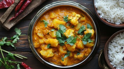 A vibrant presentation of aloo gobi in a traditional Indian thali, garnished with fresh herbs and served with rice and lentil curry for an appetizing look.