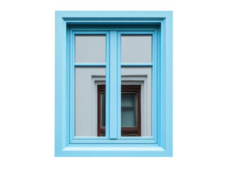 Bright blue window frame reflecting a classic architecture detail on a transparent background, cut out