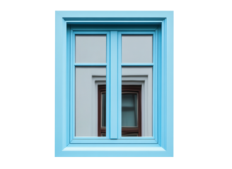 Bright blue window frame reflecting a classic architecture detail on a transparent background, cut out