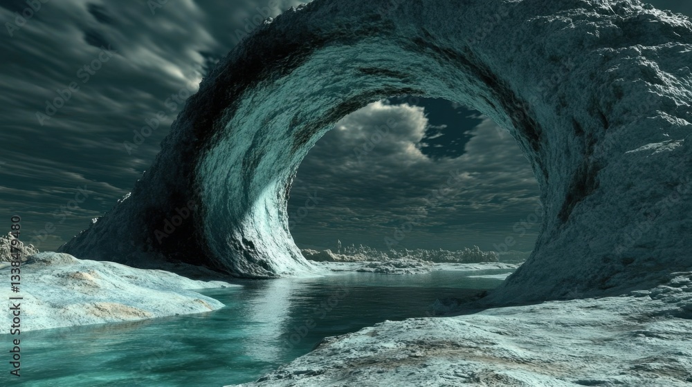 Poster dramatic ice archway over water reflecting cloudy sky creating a moody and mysterious landscape in a