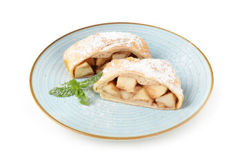 Pieces of tasty apple strudel with powdered sugar and mint isolated on white