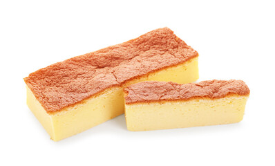 Pieces of tasty Japanese Castella sponge cake isolated on white
