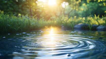 Fresh spring water ripples with sunlit reflections and serene surroundings