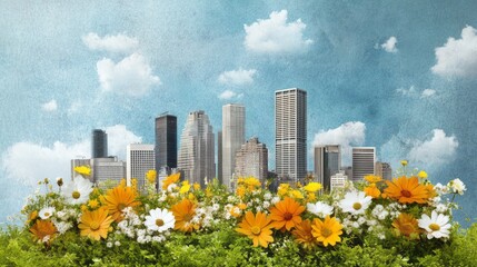 Skyscrapers rise behind field of flowers under a cloudy sky