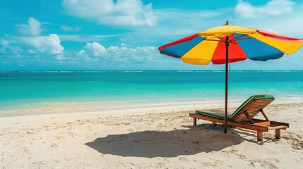 A colorful beach umbrella and lounge chair on a sandy shore by the turquoise ocean.