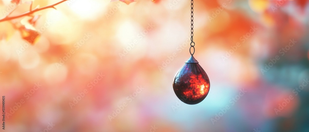 Poster luminous glass ornament hanging from chain in dreamy autumnal setting with warm bokeh background and