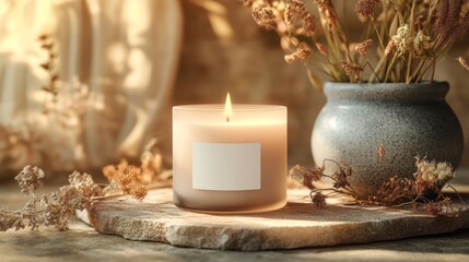 Candle Mock-up template in modern minimalist aesthetic. Organic template for product showcase with copy space. Bohemian stationery for local business with place for text.