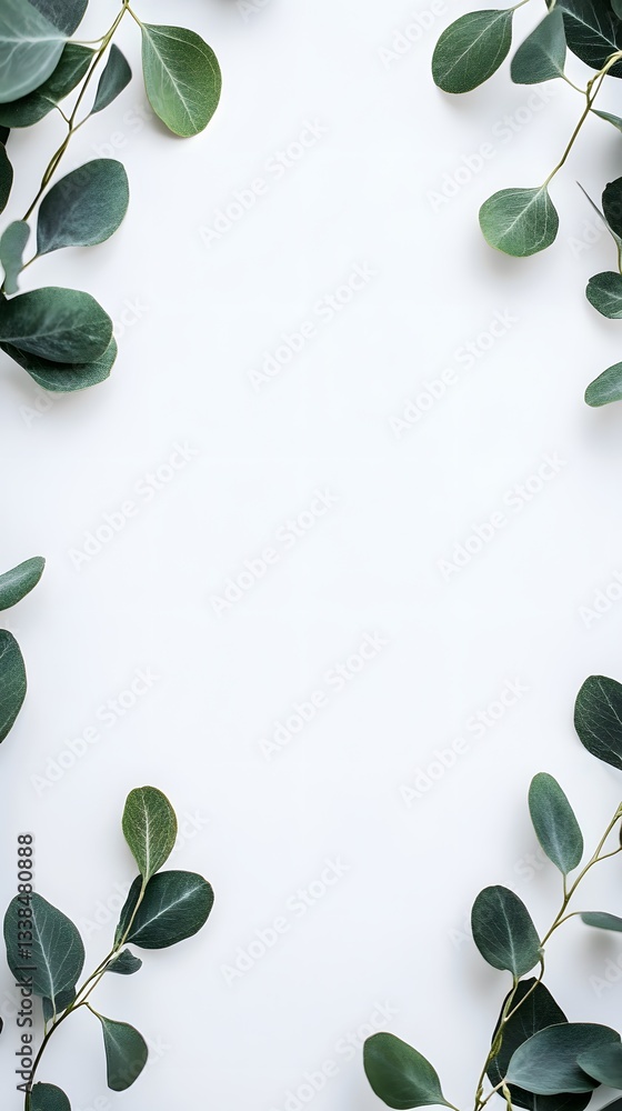 Poster eucalyptus leaves framing white background creating negative space