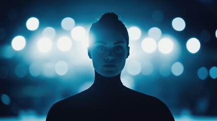 An athletic woman in a dark turtleneck standing under bright stadium lights. A woman's silhouette against the backdrop of blue lights
