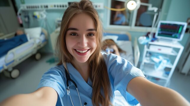 A young female nurse in scrubs taking a selfie in a hospital ward with patients in the background.