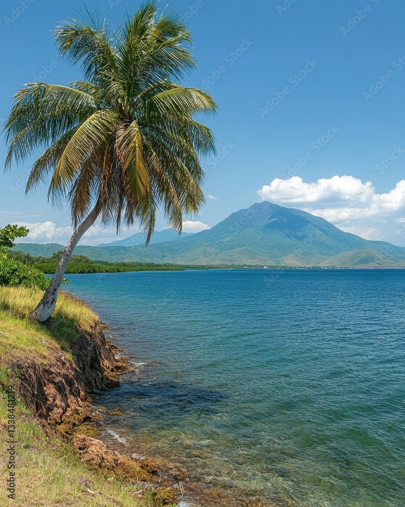 Poster serene tropical coast with palm tree and mountain backdrop under a clear blue sky creating a tranqui