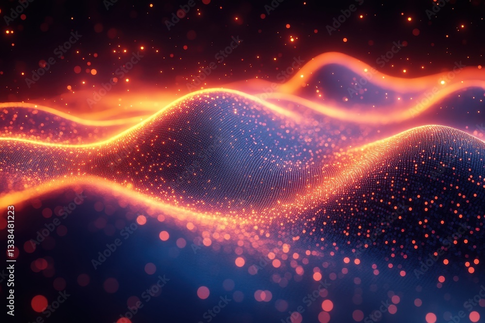 Poster colorful digital waves create a mesmerizing visual display with glowing particles in a dark space en