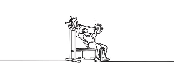 One continuous line drawing of young athletic man training to lift barbell on bench press in sport club center. Fitness stretching concept. vector illustration.