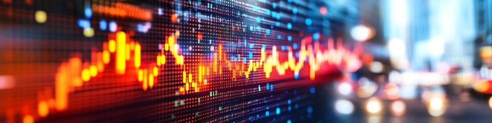 Obraz premium Stock Ticker Screen Closeup, Upward Trending Graph, Highlighted Candlesticks, Bokeh City Background