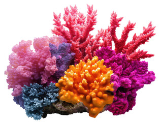 Colorful coral formations found in vibrant underwater ecosystems on a transparent background, cut out