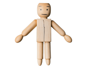 Wooden figure depicting humanlike pose and features on a transparent background, cut out