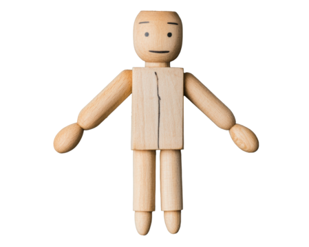 Wooden figure depicting humanlike pose and features on a transparent background, cut out