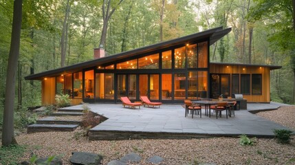 Obraz premium A single-story house with a modern aesthetic, warm wood paneling, stylish outdoor seating, and ambient lighting.