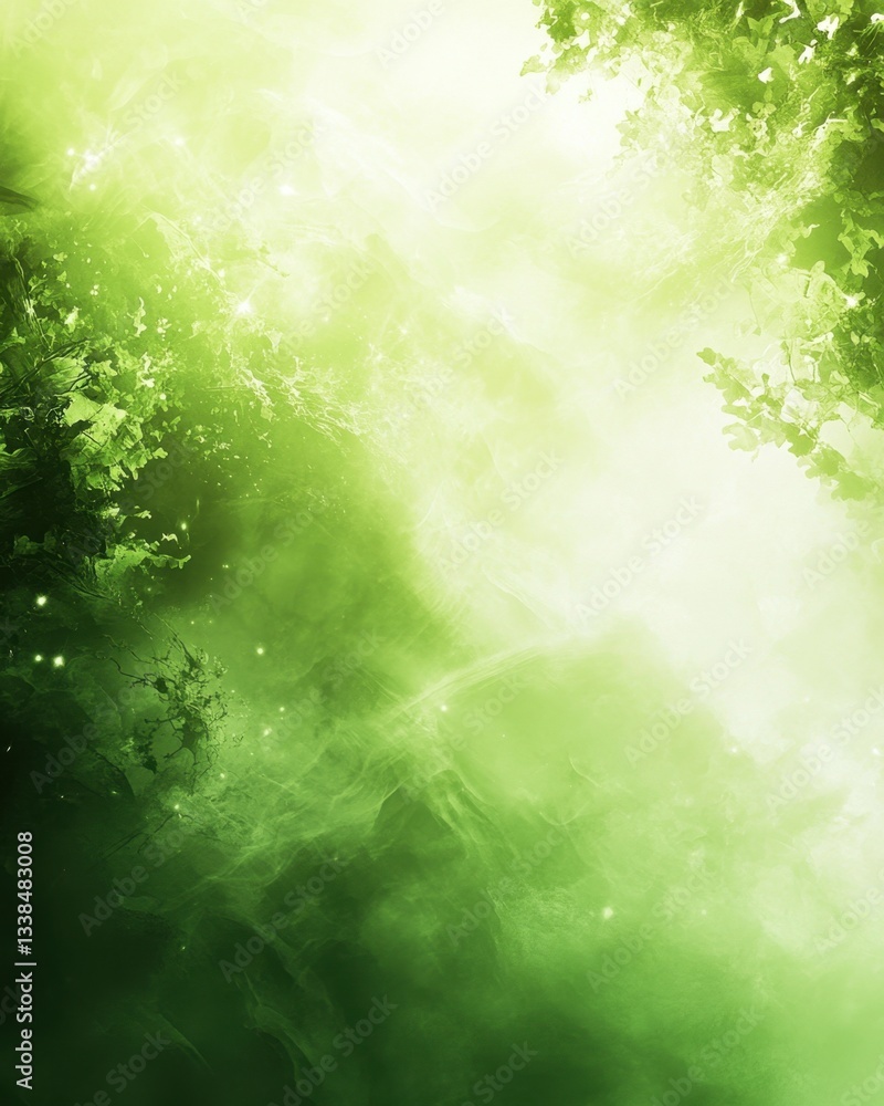 Poster ethereal green light illuminates a dreamy forest canopy creating a serene and magical atmosphere wit