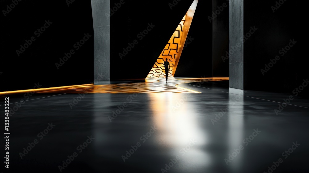 Poster Surreal Maze  Abstract Architecture  Lone Figure  Golden Path