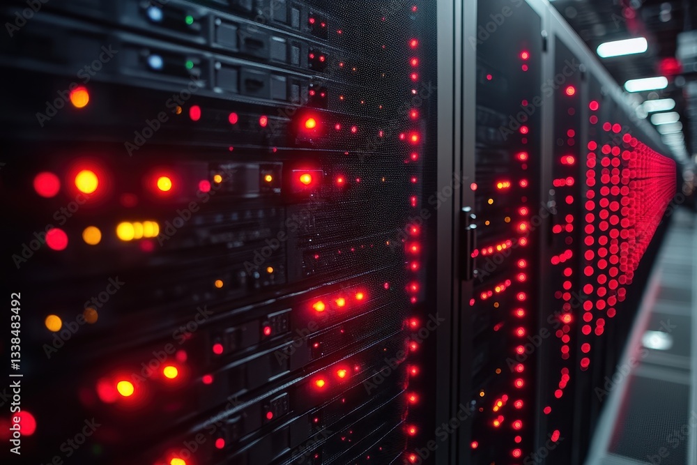 Poster data center illuminated with red indicators showcasing active server operations after hours