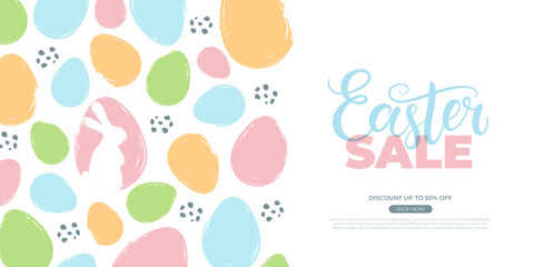 Easter Sale commercial banner. Hand lettering and color brush stroke Easter Eggs for Easter holiday shopping promotion and sale advertising. Vector illustration.