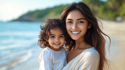 A joyful portrait of an Indian mother and her daughter on a serene beach, perfect for family-related content, Mother's Day, and joyful summer themes.