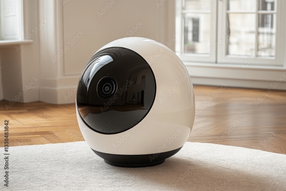 Poster Modern home robot assistant placed in a stylish living room with large windows during the day