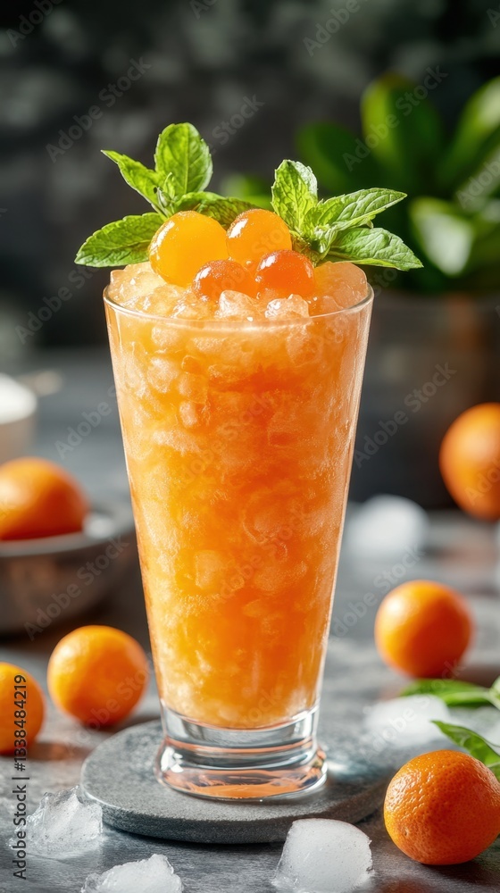 Poster refreshing tangerine slushy with mint garnish and ice cubes on a gray surface in a bright and inviti