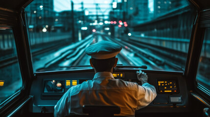 From the driver's seat, a train speeds through the city at night on the illuminated tracks.