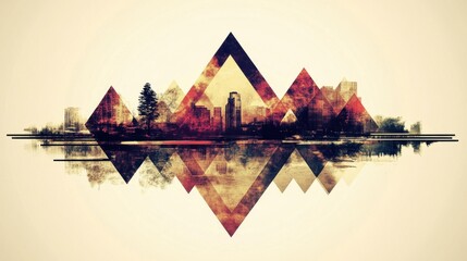 Obraz premium Geometric Cityscape Reflection: Urban Landscape with Mountainous Peaks and Water Mirror