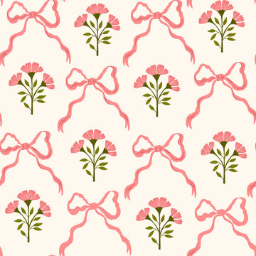  Coquette trellis floral seamless pattern with bows and ribbons. Preppy floral bouquet background. Vintage design for fabric, wallpaper or wrapping paper. Vector botanical elegant trendy print